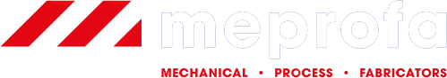 Het logo van Meprofa, 3 rode lijnen met tussenruimte in een hoek van 45 graden links naast de tekst Meprofa - mechanical, process, fabricators